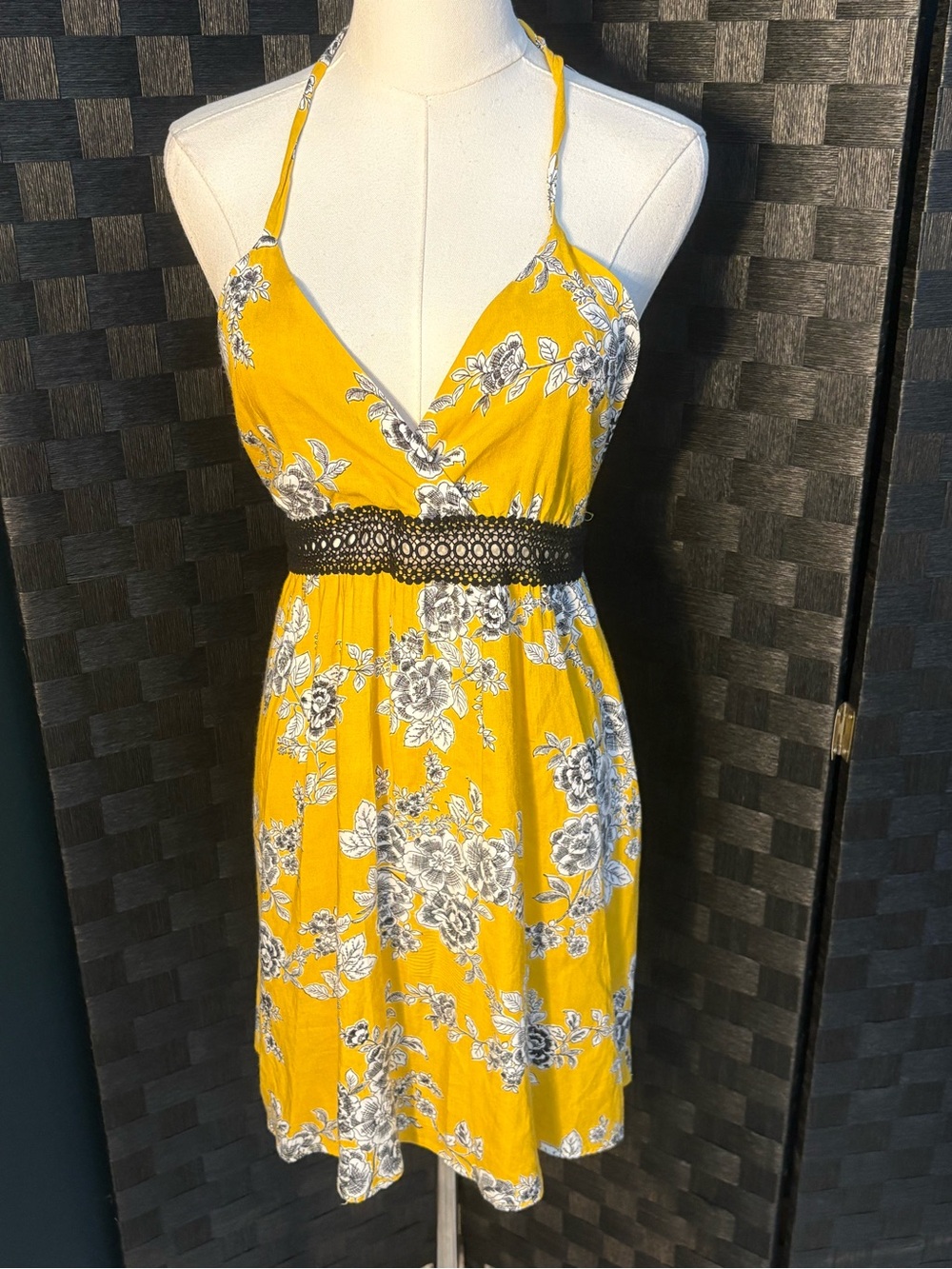 Solemio Yellow Floral Halter Dress with Black Waistband